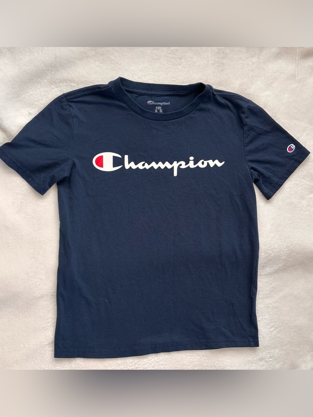 Champion Navy Short Sleeve Tee with White Logo and Red Accent